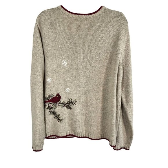 Cardinal Bird Silk Knit Sweater Tan XL Earthy Neutral Festive Embroidery Preppy - Picture 2 of 12